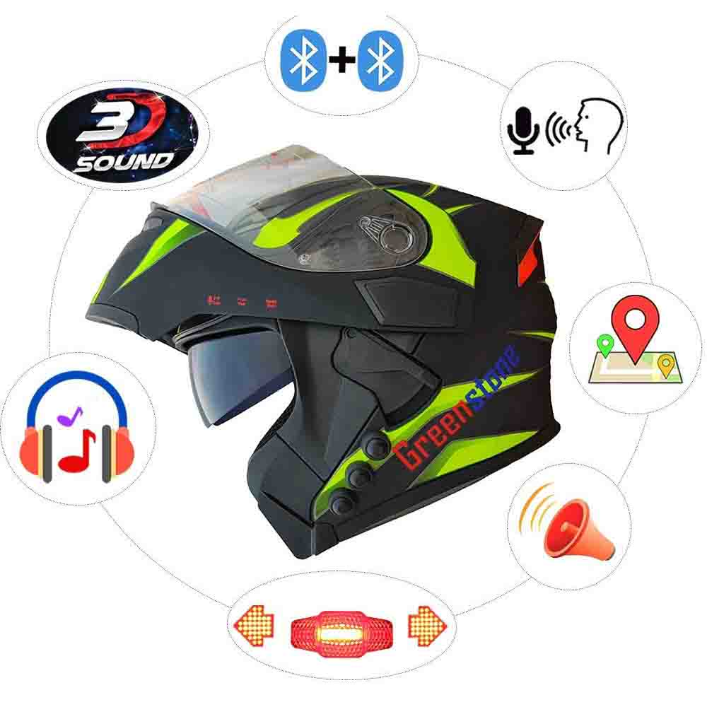 G6 Flip-up Green Stone Smart Bluetooth Helmet With Turn Indicator and Brake Ligh