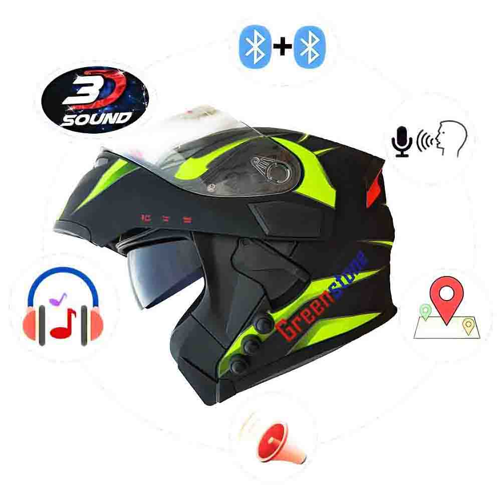 Green Stone Flipup Dual Bluetooth Helmet (GSG6BKBT)